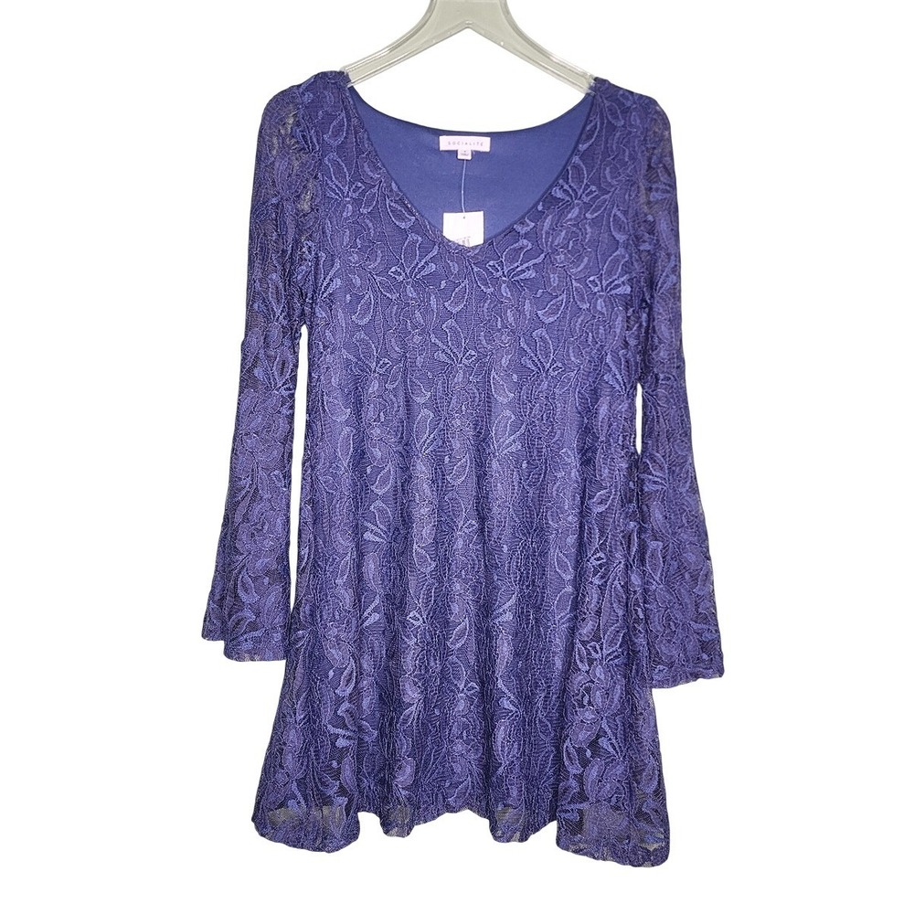Socialite Floral Lace Mini Dress Bell Sleeves V-Neck Fairy Boho Periwinkle NEW S